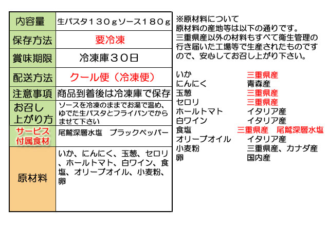 原材料表示 イカスミソース 生パスタ