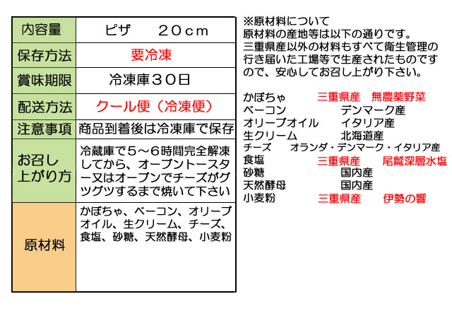 原材料表示 無農薬かぼちゃとベーコンのクリームソースピザ