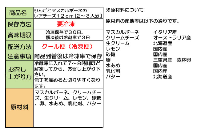 原材料表示 りんごとマスカルポーネのレアチーズケーキ